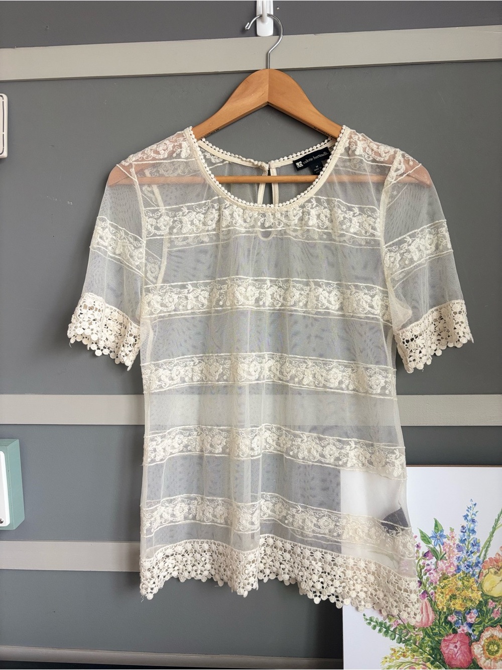 Sheer Lace Striped Short-Sleeve Top - Cream